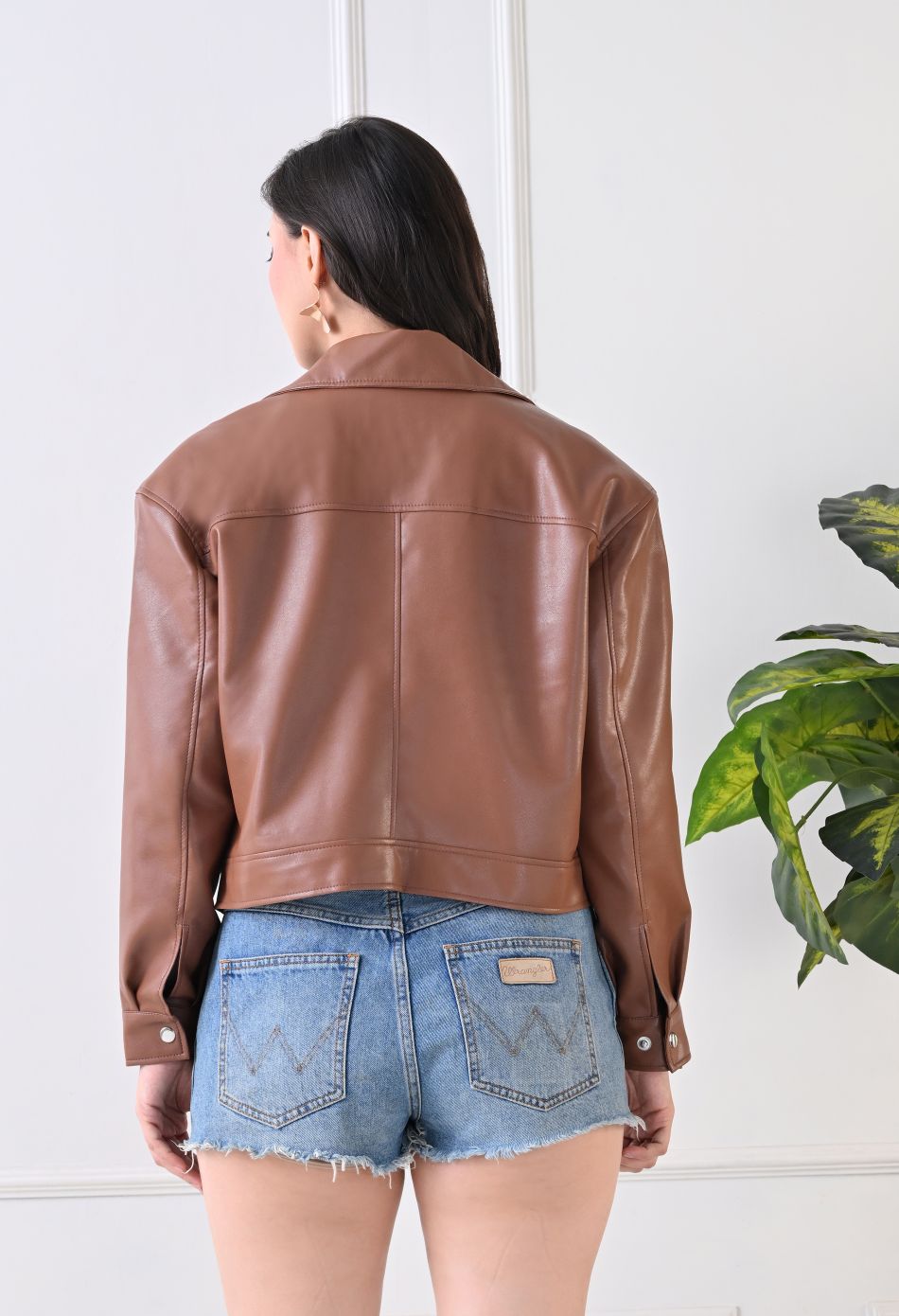 Washed Leather Water Resistant Crop Oversized Bomber Tan Jacket – view 2
