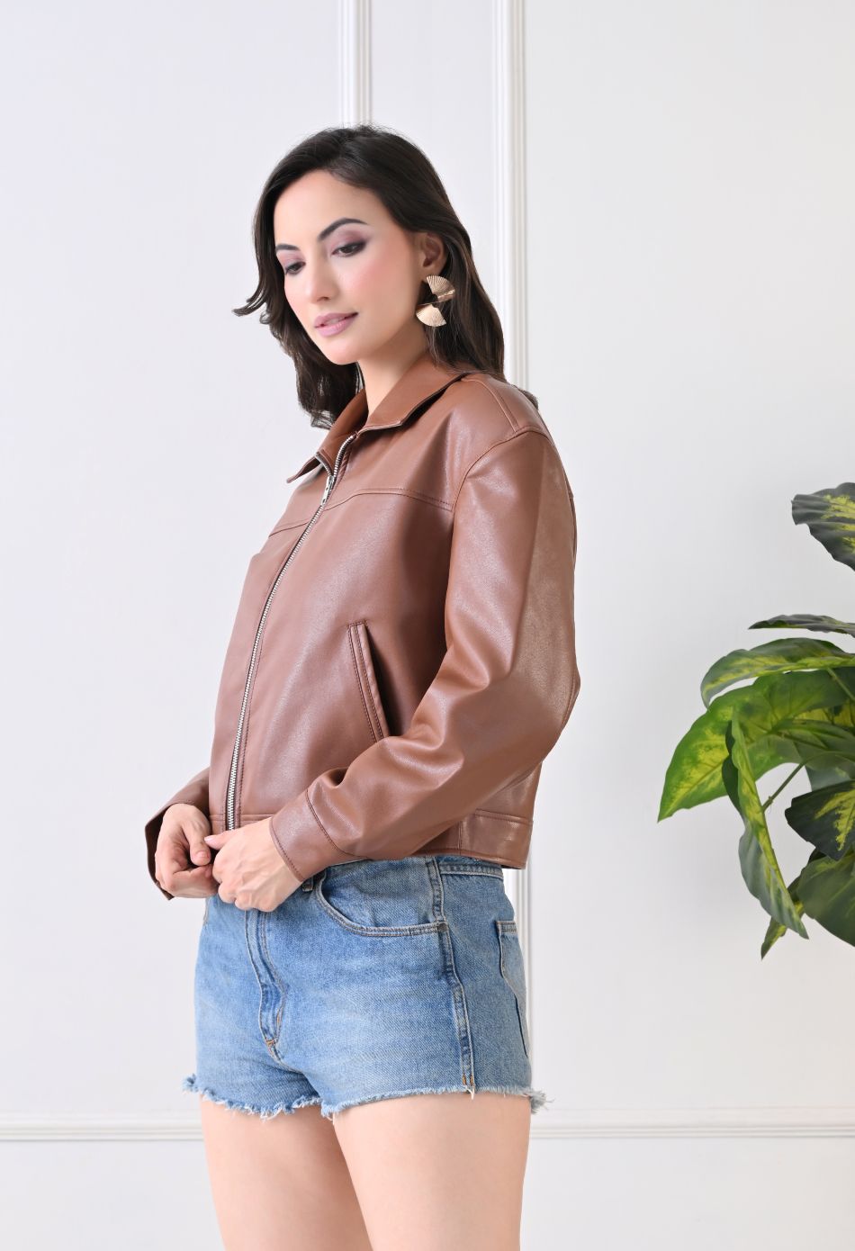 Washed Leather Water Resistant Crop Oversized Bomber Tan Jacket – view 3