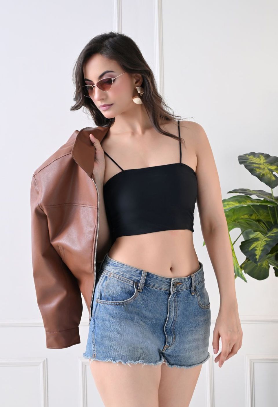 Washed Leather Water Resistant Crop Oversized Bomber Tan Jacket – view 4