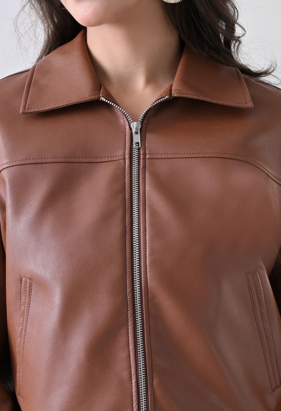 Washed Leather Water Resistant Crop Oversized Bomber Tan Jacket – view 5