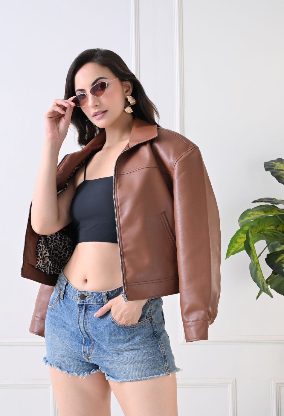 Washed Leather Water Resistant Crop Oversized Bomber Tan Jacket – view 6