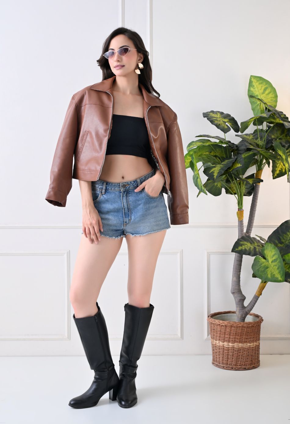 Washed Leather Water Resistant Crop Oversized Bomber Tan Jacket – view 7