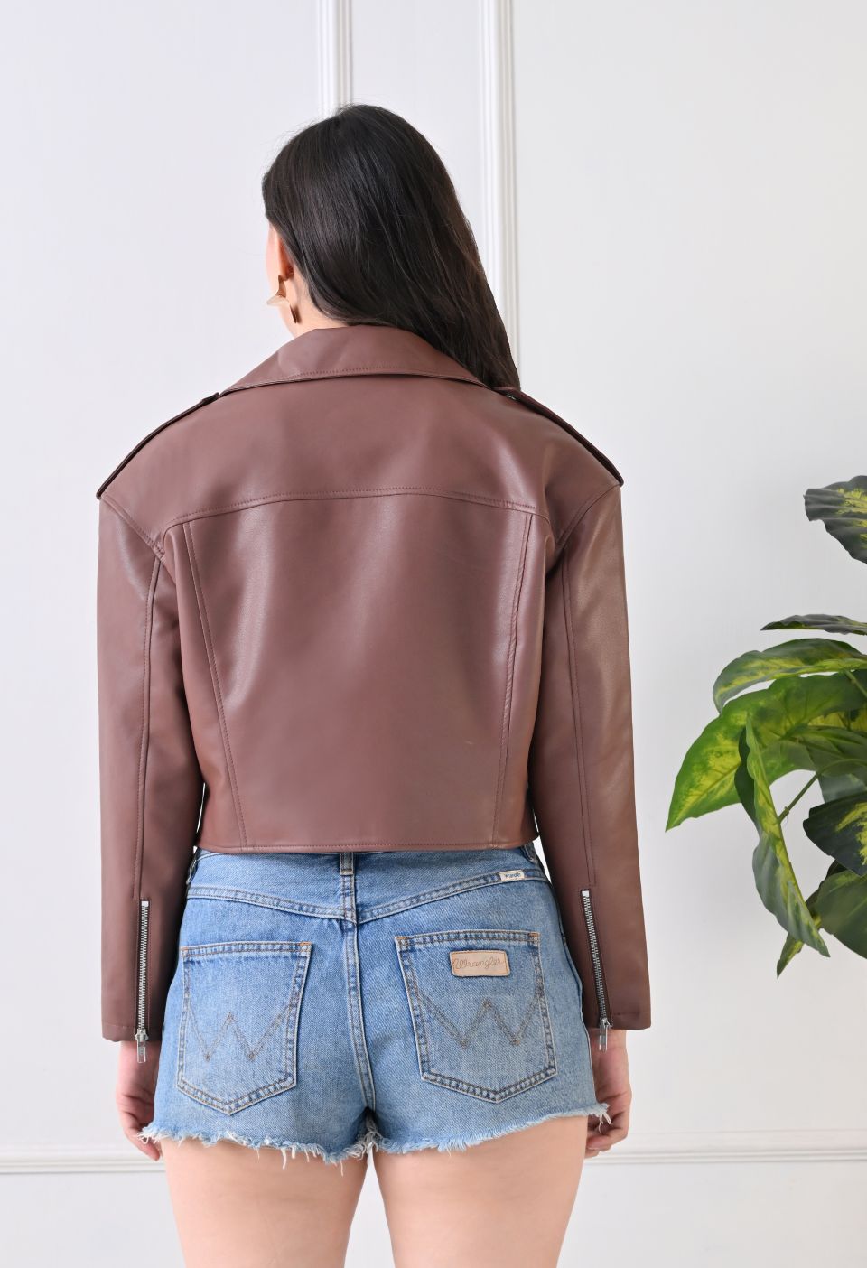 Washed Leather Water Resistant Crop Oversized Tan Jacket – view 2