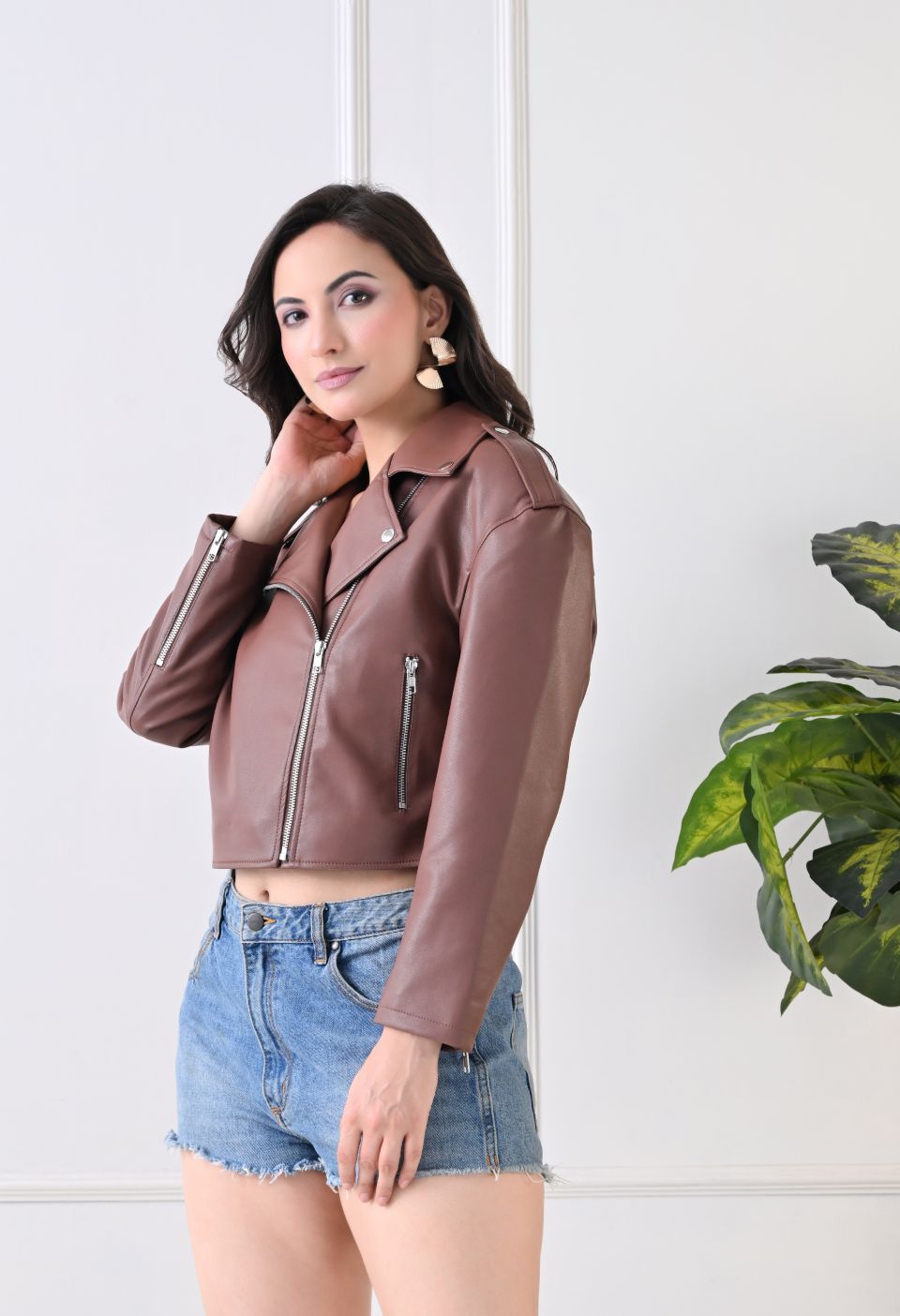 Washed Leather Water Resistant Crop Oversized Tan Jacket – view 3