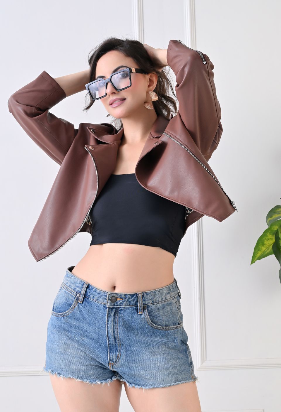 Washed Leather Water Resistant Crop Oversized Tan Jacket – view 4