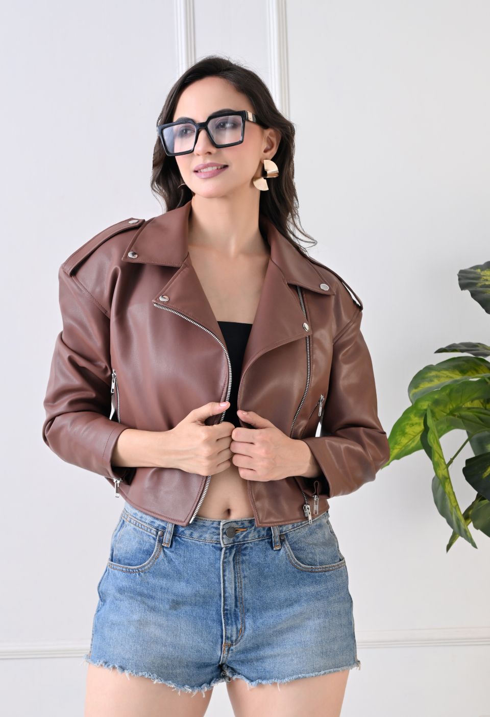 Washed Leather Water Resistant Crop Oversized Tan Jacket – view 5