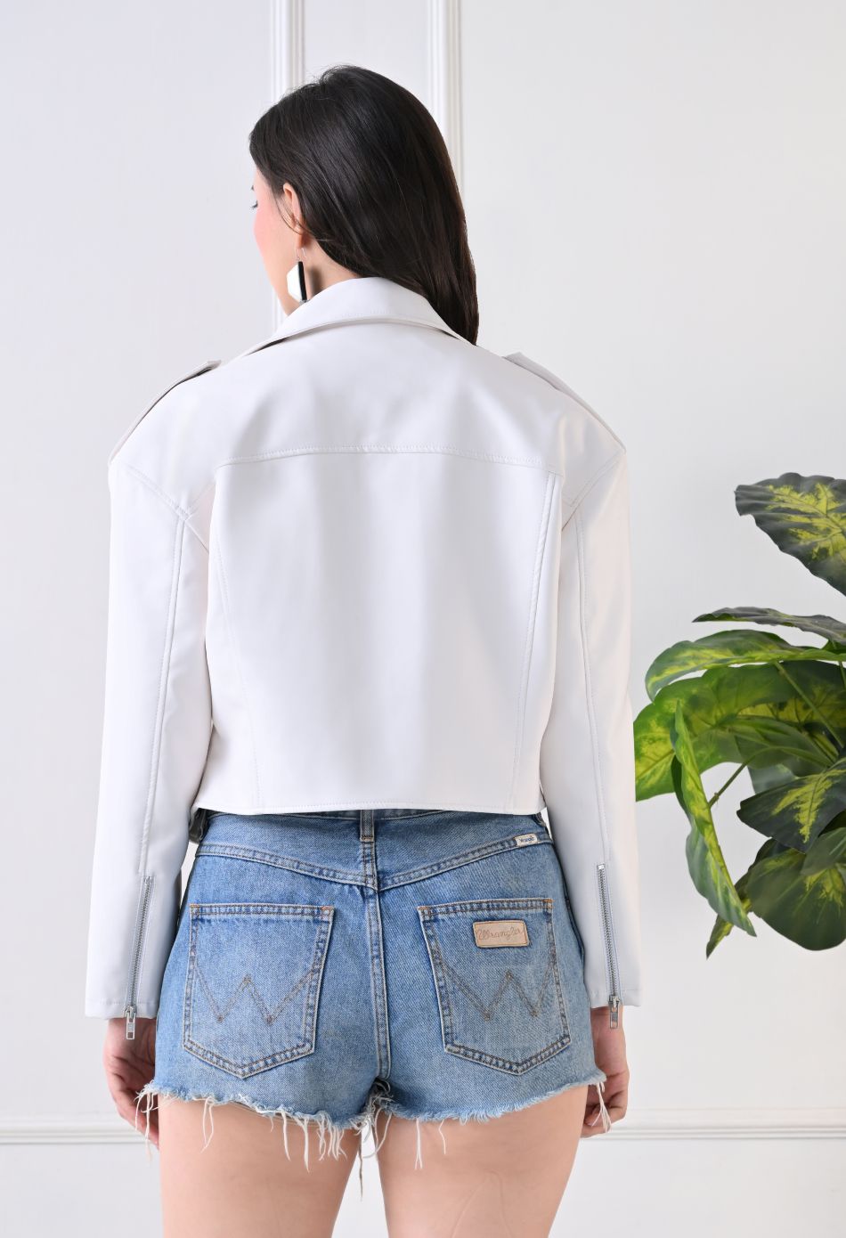 Washed Leather Water Resistant Crop Oversized White Jacket – view 2