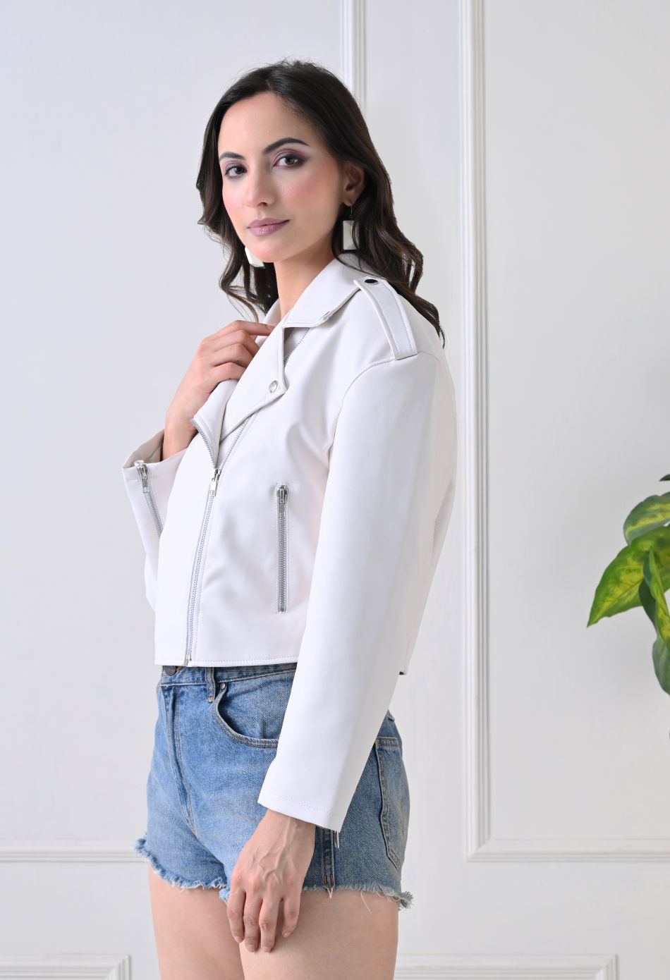 Washed Leather Water Resistant Crop Oversized White Jacket – view 3
