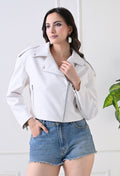 Washed Leather Water Resistant Crop Oversized White Jacket – view 5