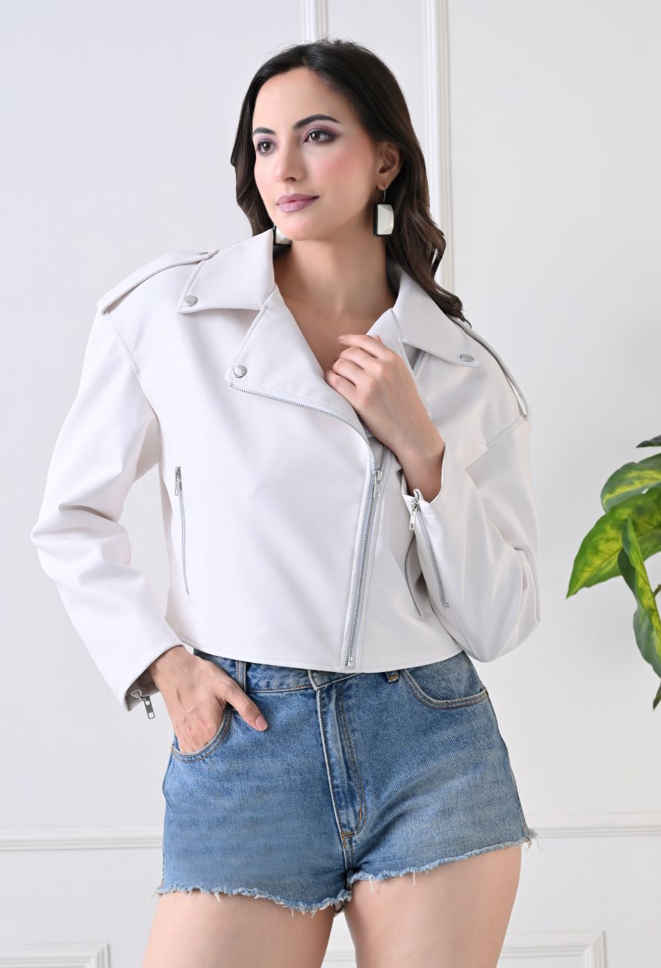 Washed Leather Water Resistant Crop Oversized White Jacket – view 5