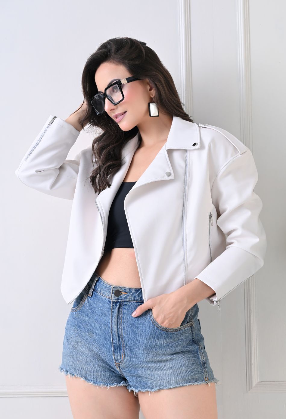 Washed Leather Water Resistant Crop Oversized White Jacket – view 7