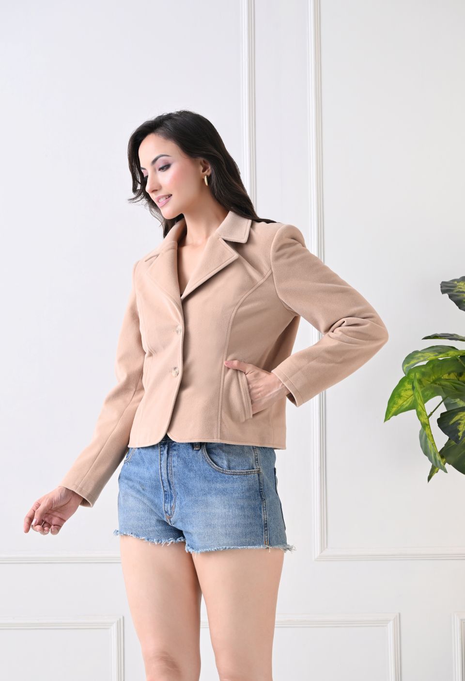 Washed Suede Crop Oversized Bomber Beige Tailored Jacket – view 3