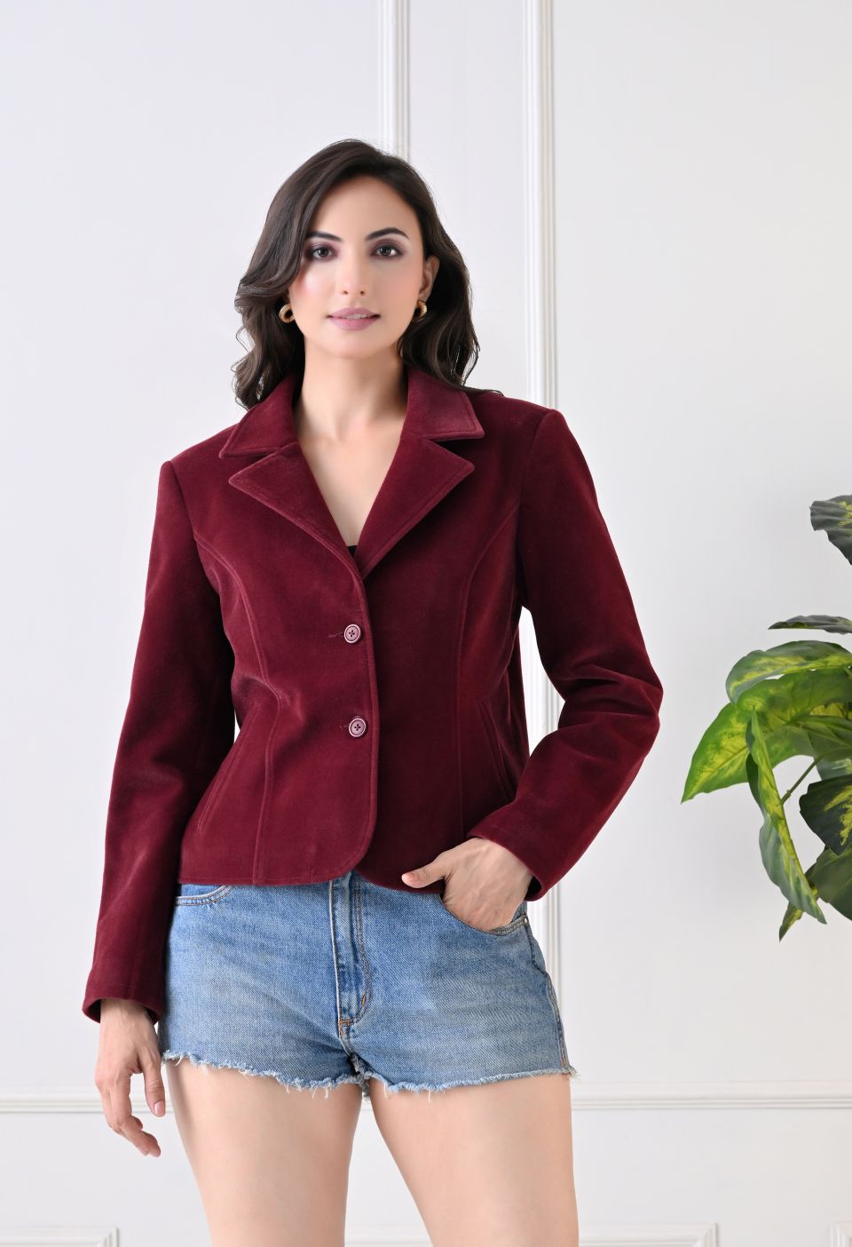 Washed Suede Crop Oversized Bomber Maroon Tailored Jacket