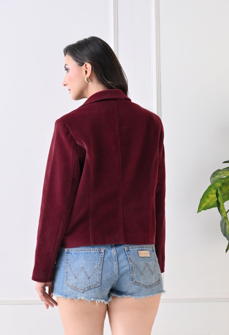 Washed Suede Crop Oversized Bomber Maroon Tailored Jacket – view 2