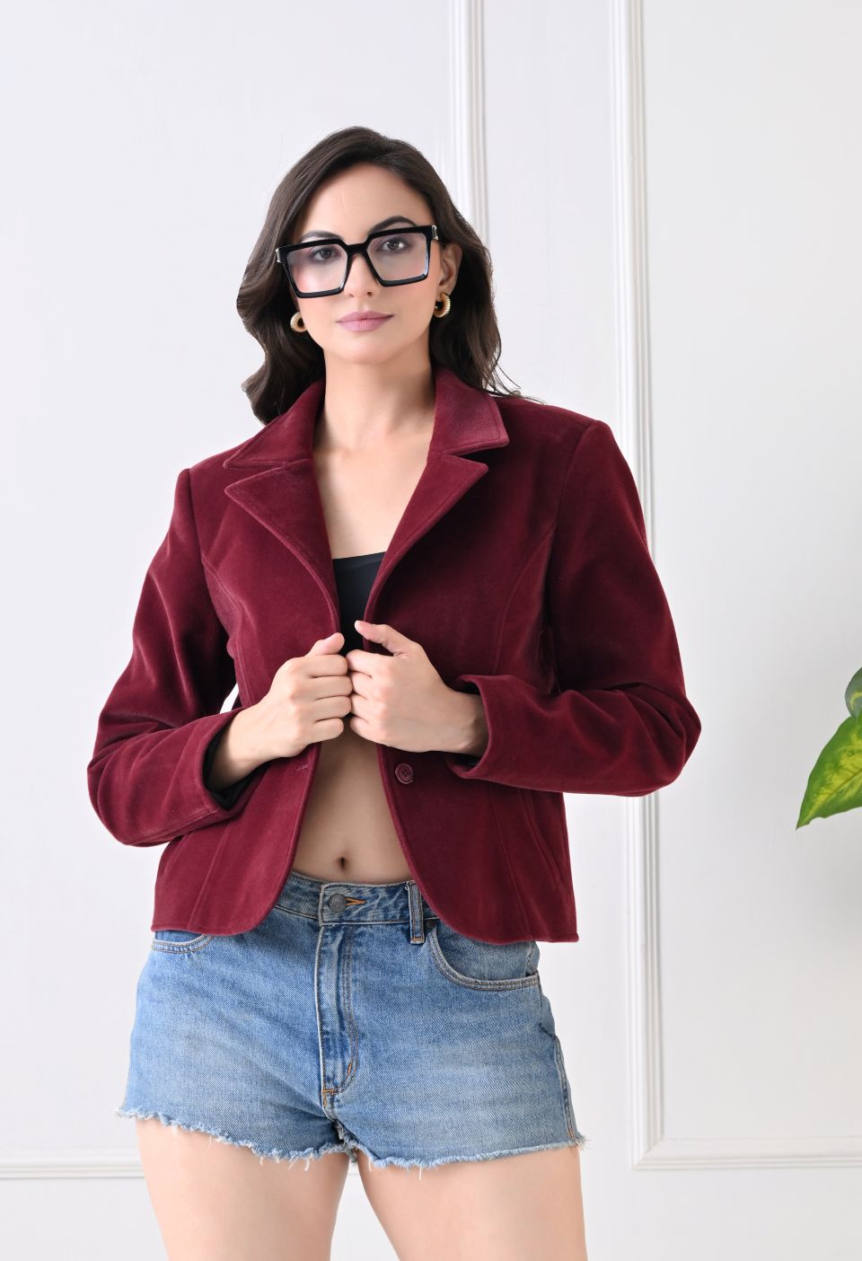 Washed Suede Crop Oversized Bomber Maroon Tailored Jacket – view 4