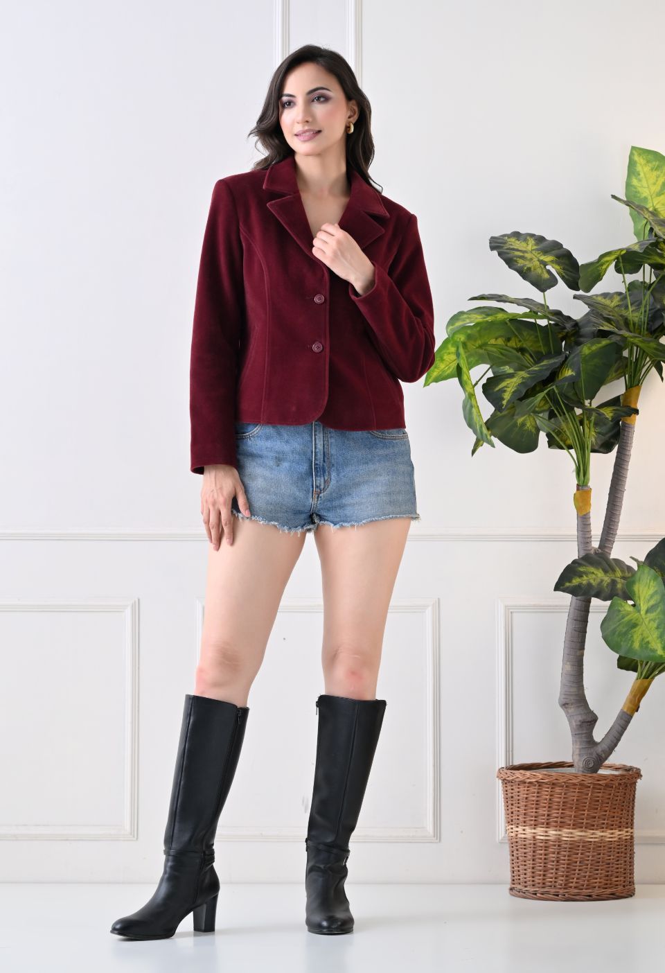 Washed Suede Crop Oversized Bomber Maroon Tailored Jacket – view 6