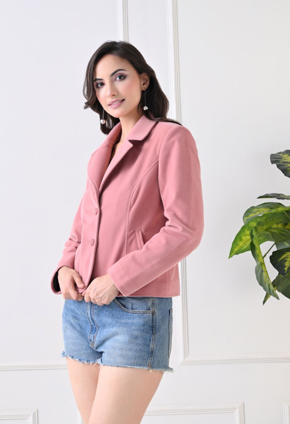 Washed Suede Crop Oversized Bomber Pink Tailored Jacket – view 3