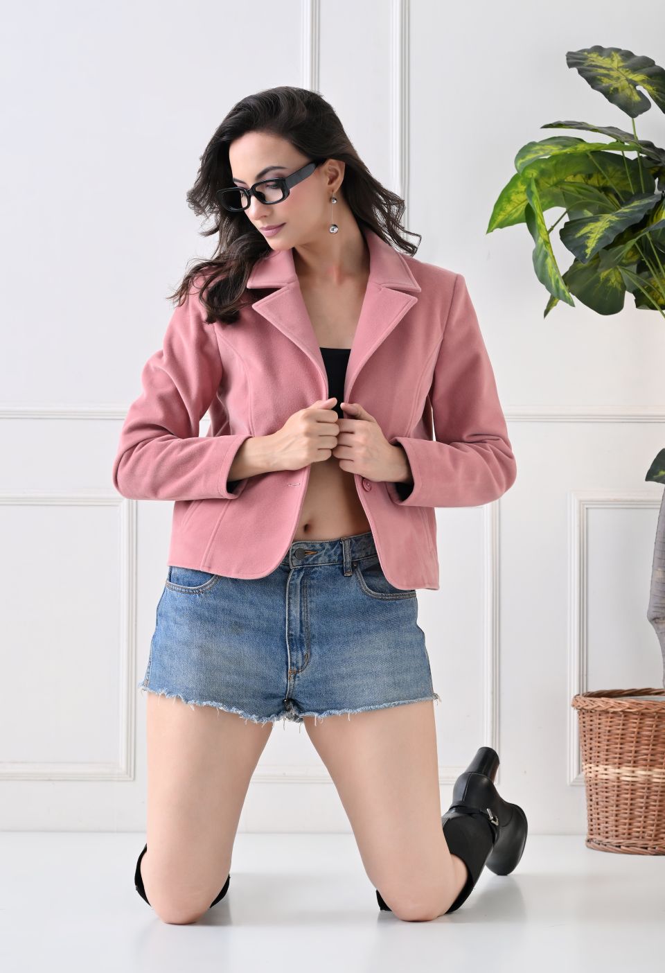 Washed Suede Crop Oversized Bomber Pink Tailored Jacket – view 5