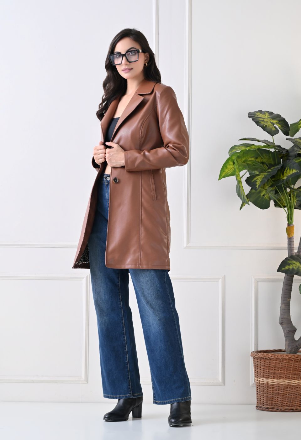 Single-Breasted Tan Pu Leather Coat For Women – view 5