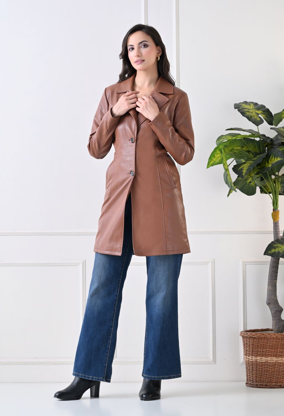 Single-Breasted Tan Pu Leather Coat For Women – view 6