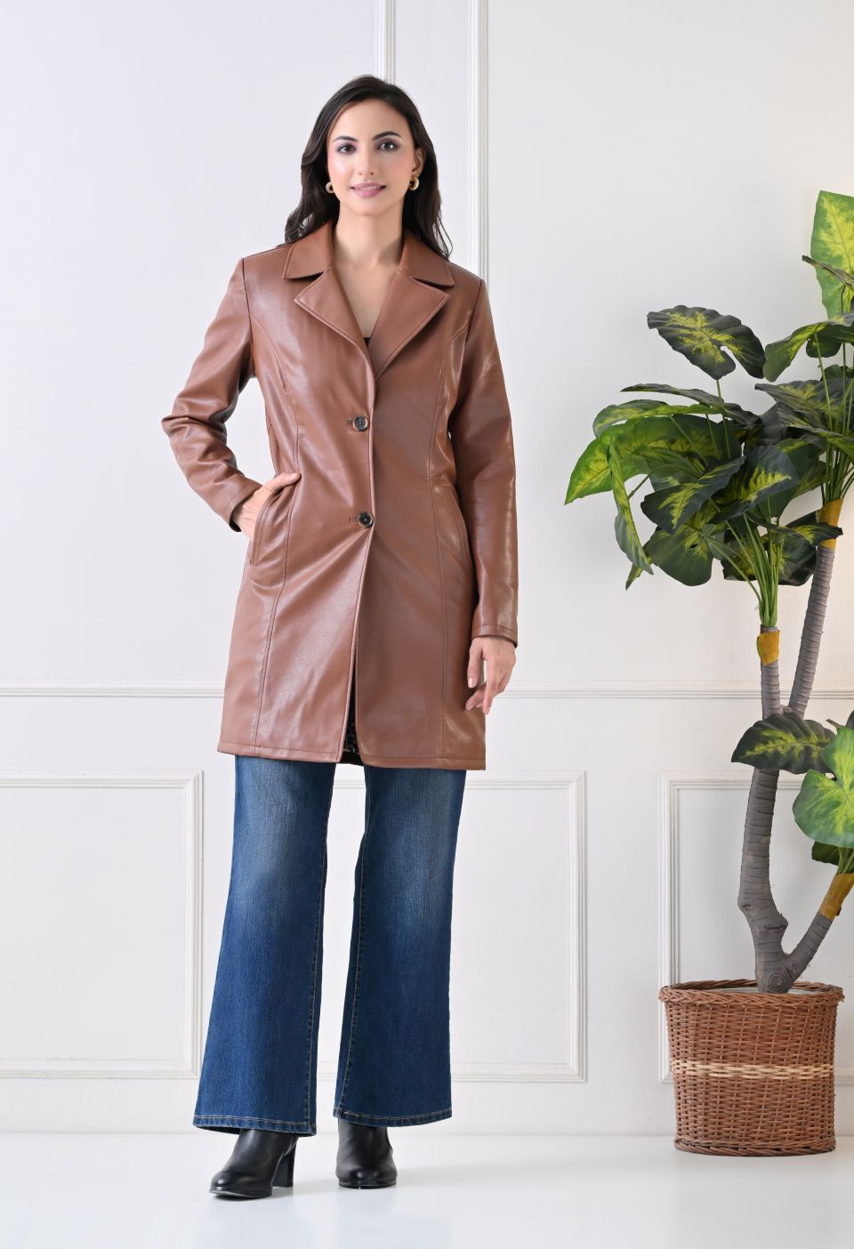 Single-Breasted Tan Pu Leather Coat For Women