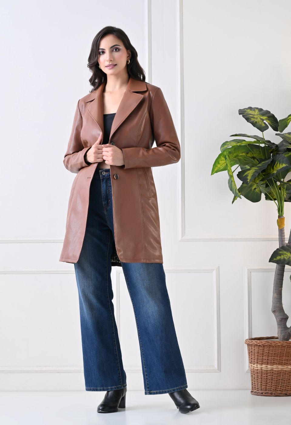 Single-Breasted Tan Pu Leather Coat For Women – view 7
