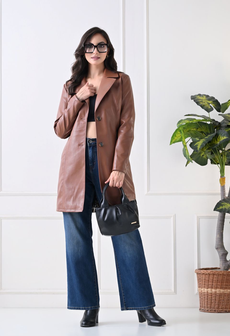 Single-Breasted Tan Pu Leather Coat For Women – view 8