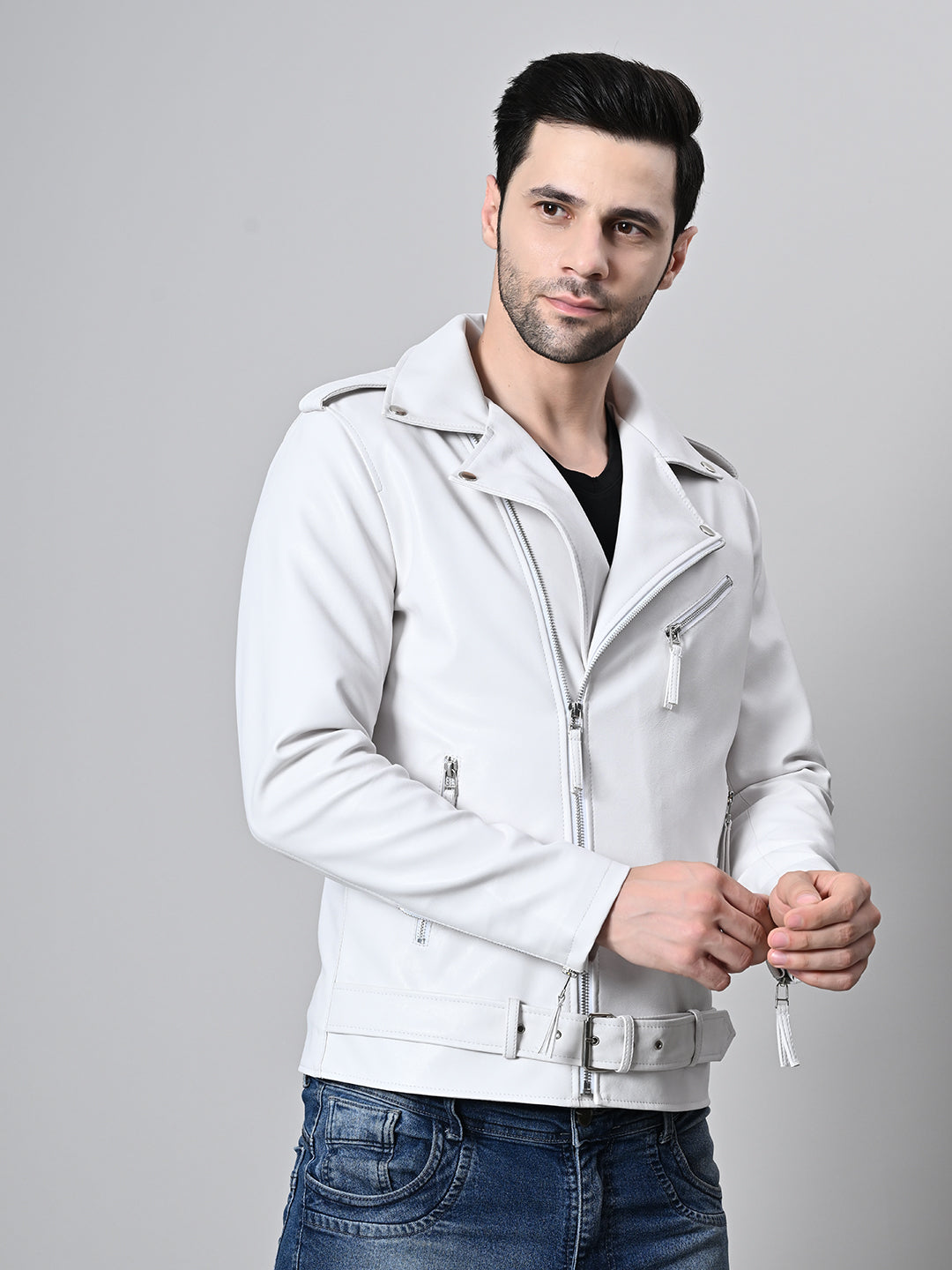 Leather Lightweight White Biker Jacket For Men – view 3