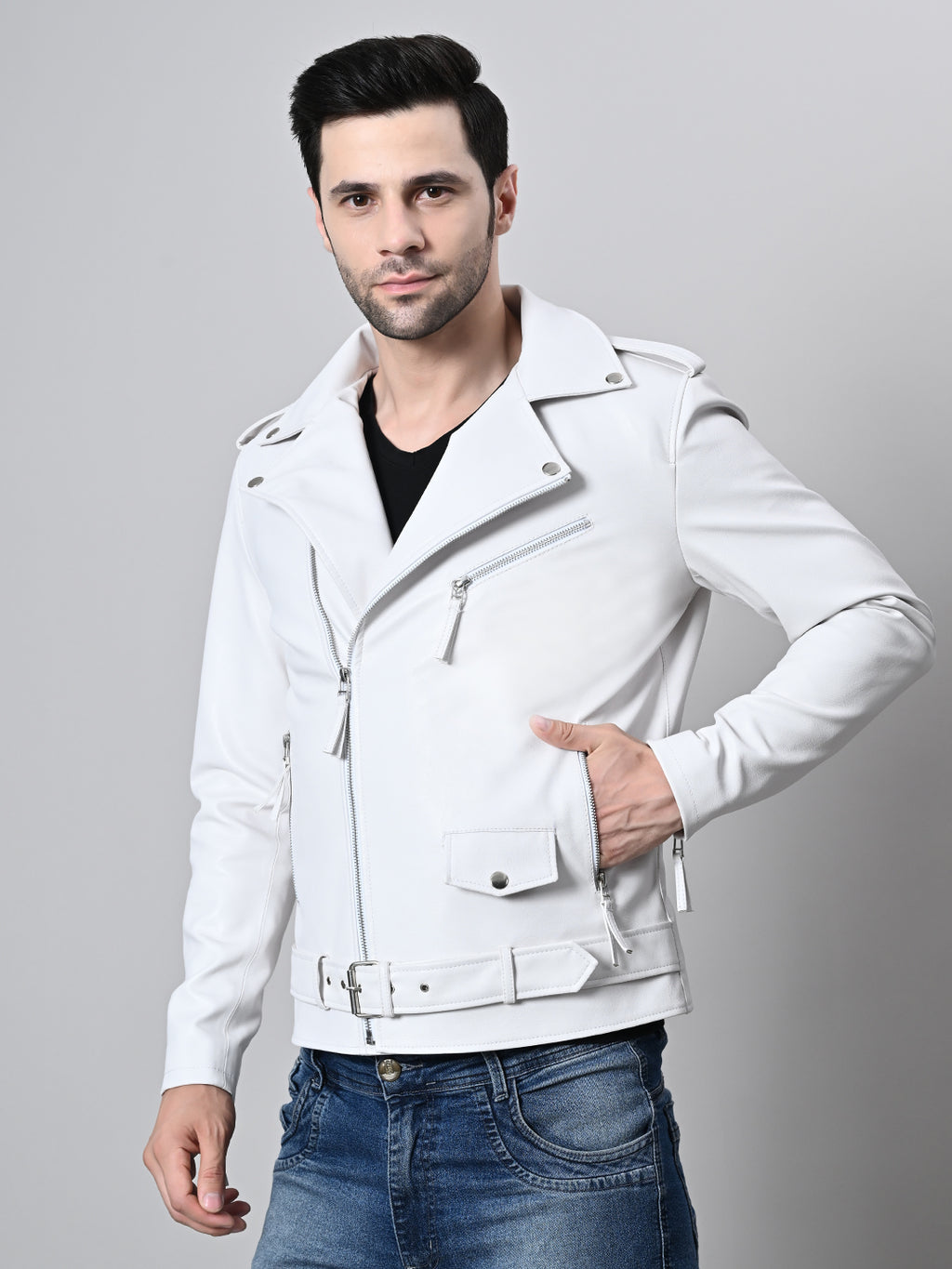 Leather Lightweight White Biker Jacket For Men – view 5