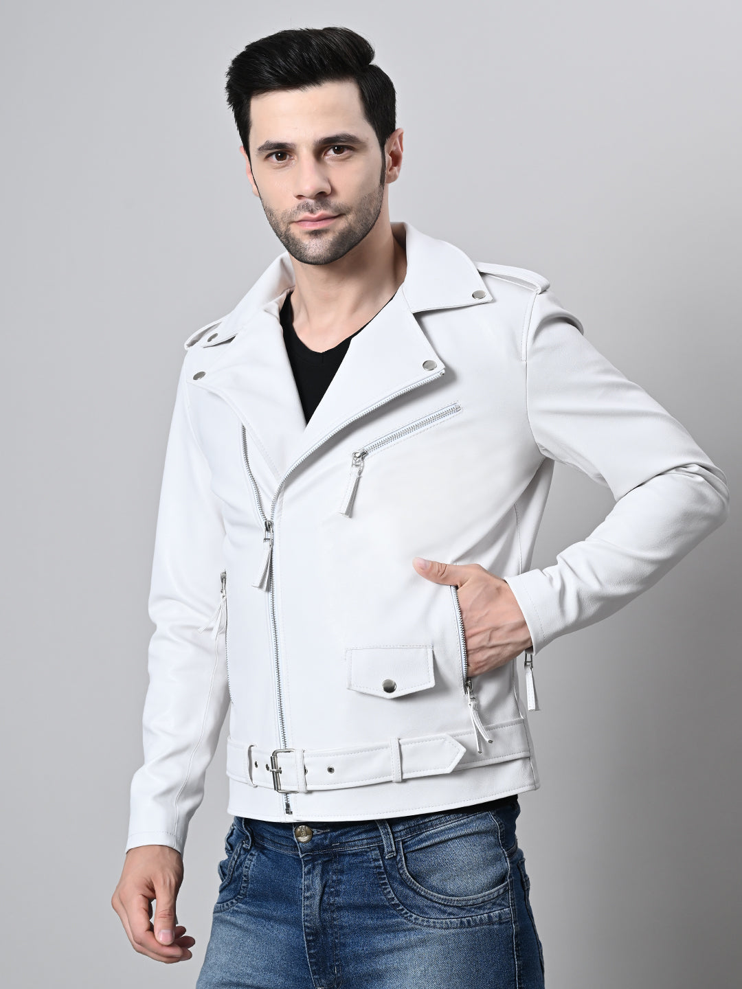 Leather Lightweight White Biker Jacket For Men – view 5