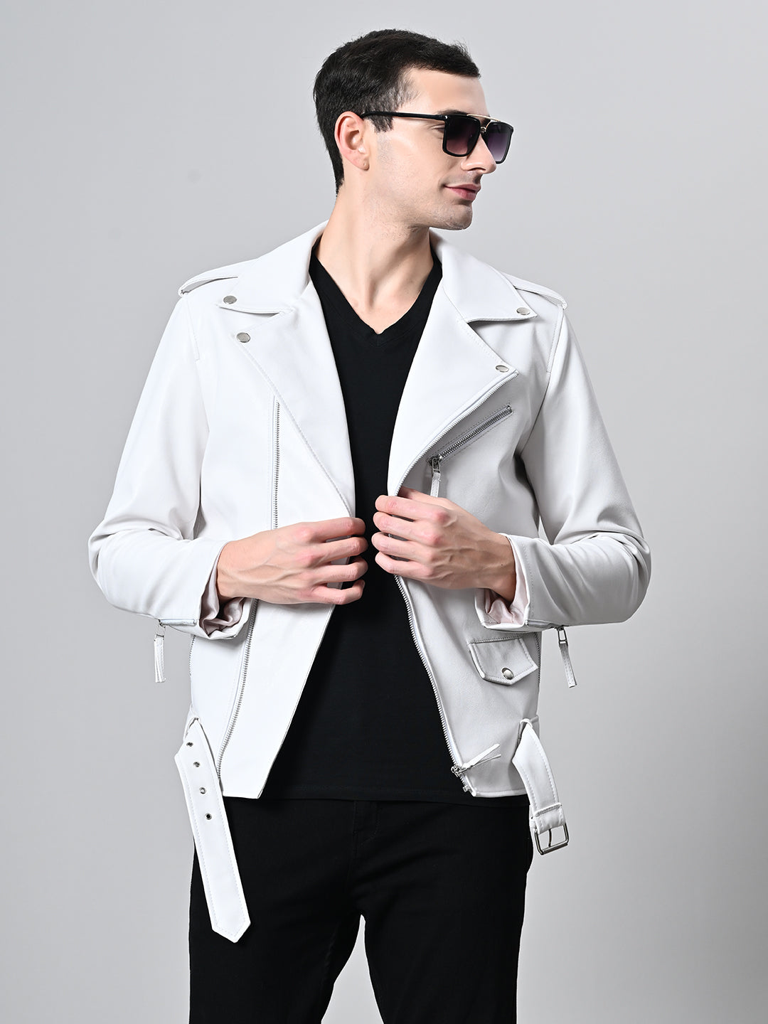 Lapel Collar Solid Casual Biker White Jacket For Men – view 2