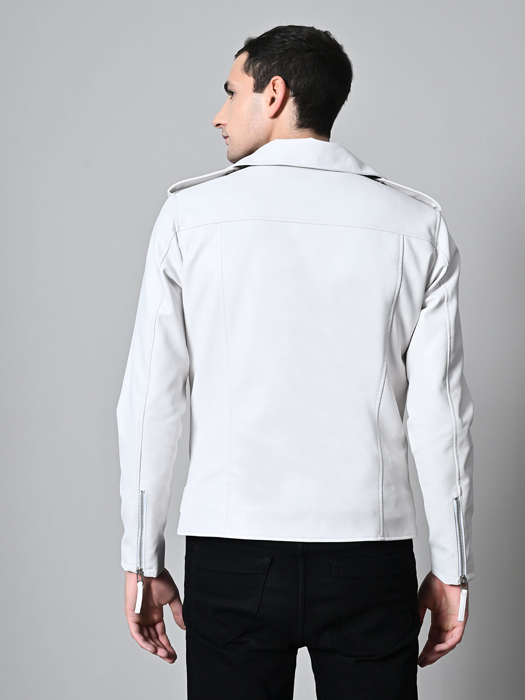 Lapel Collar Solid Casual Biker White Jacket For Men – view 3