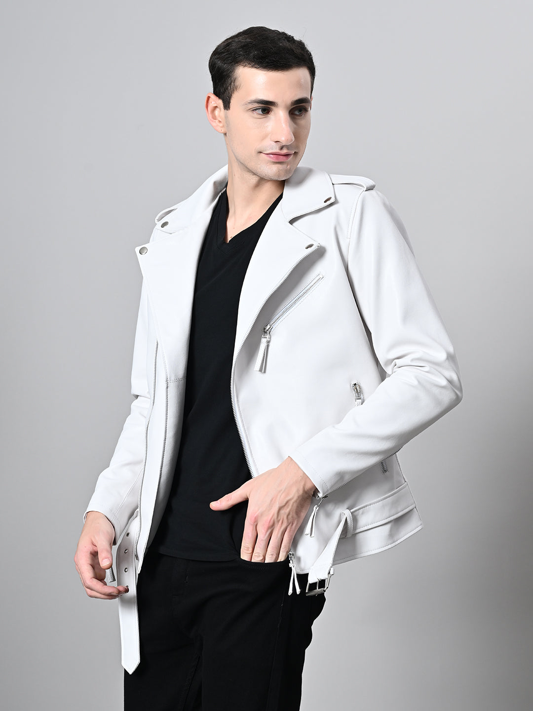 Lapel Collar Solid Casual Biker White Jacket For Men – view 4