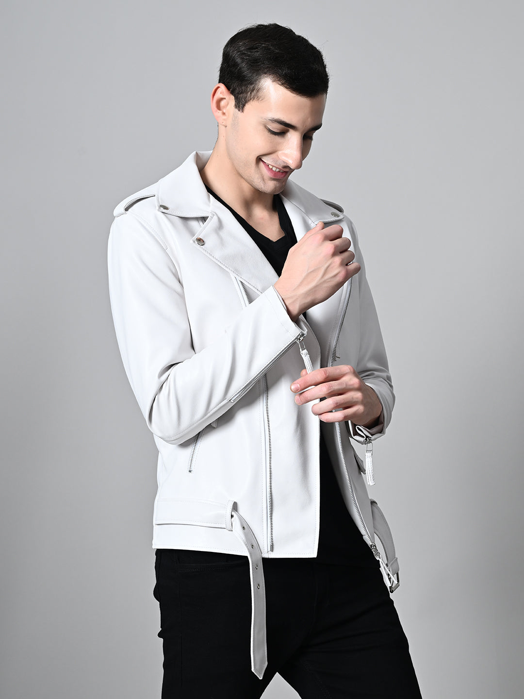 Lapel Collar Solid Casual Biker White Jacket For Men – view 5