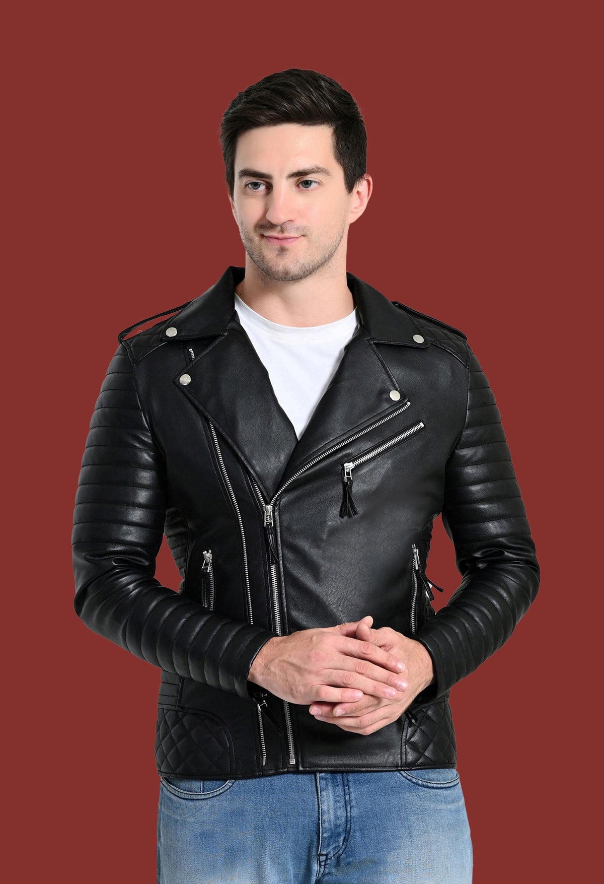 Mandarin Collar Water Resistant Lightweight Black Leather Biker Jacket for Men