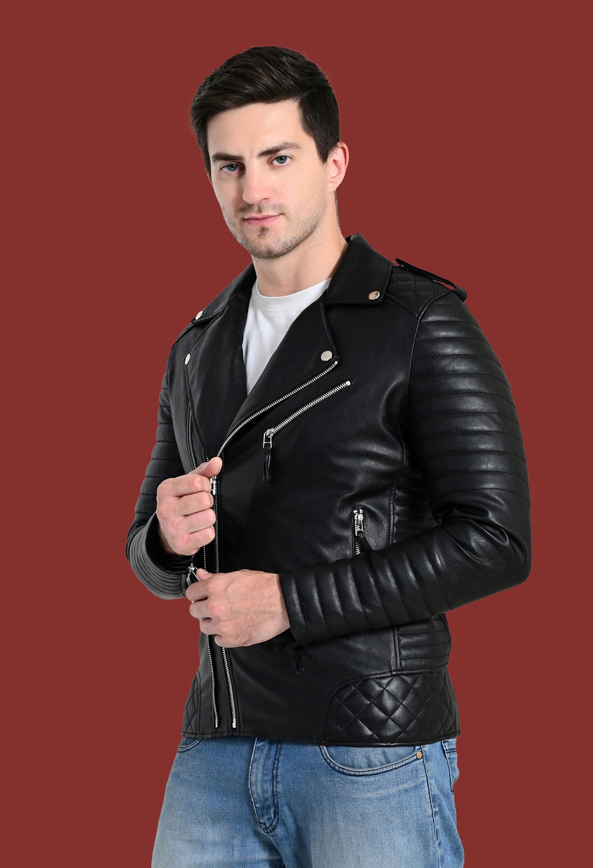 Mandarin Collar Water Resistant Lightweight Black Leather Biker Jacket for Men – view 2
