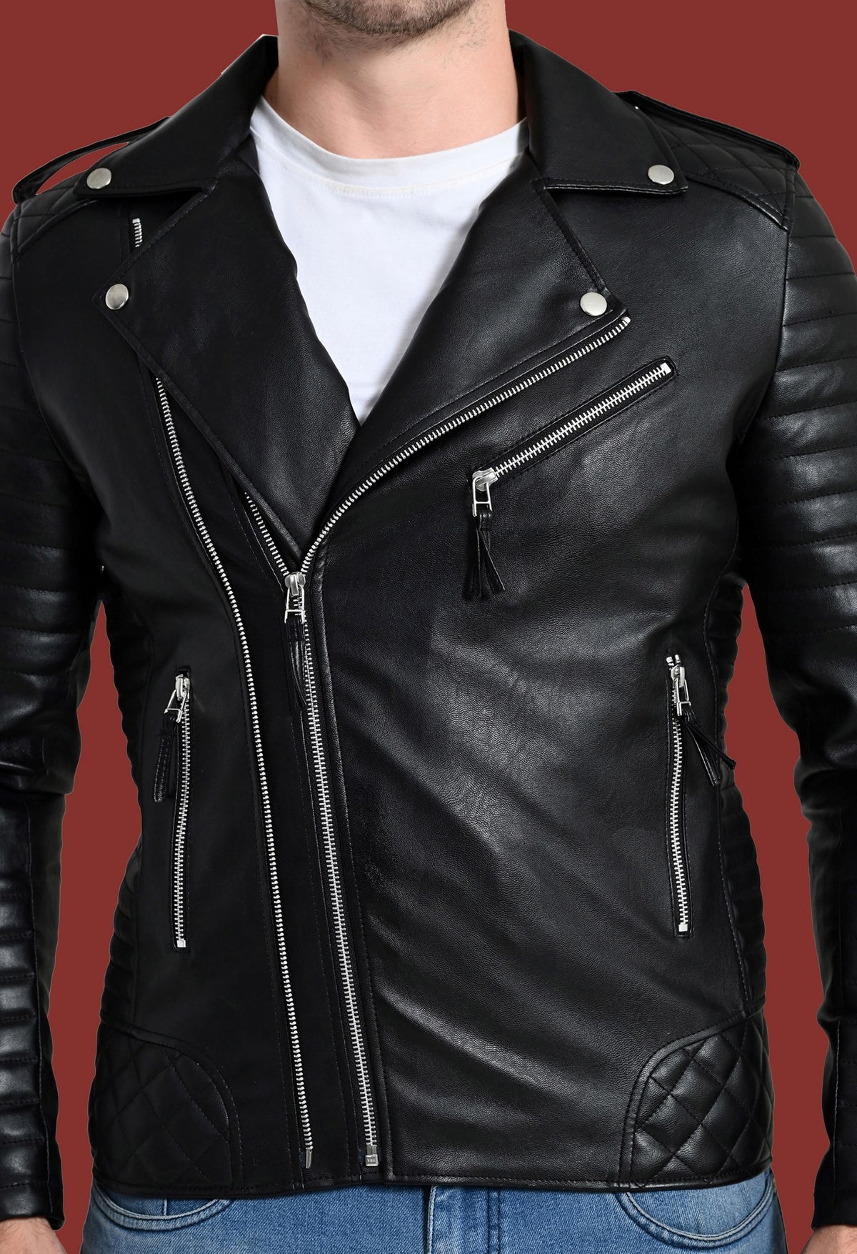 Mandarin Collar Water Resistant Lightweight Black Leather Biker Jacket for Men – view 3