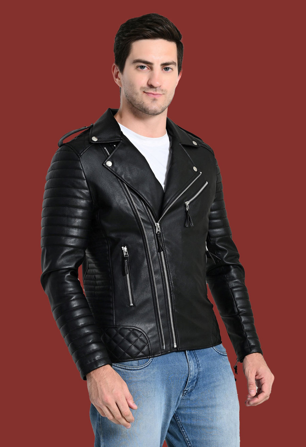 Mandarin Collar Water Resistant Lightweight Black Leather Biker Jacket for Men – view 4