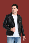 Mandarin Collar Water Resistant Lightweight Black Leather Biker Jacket for Men – view 5