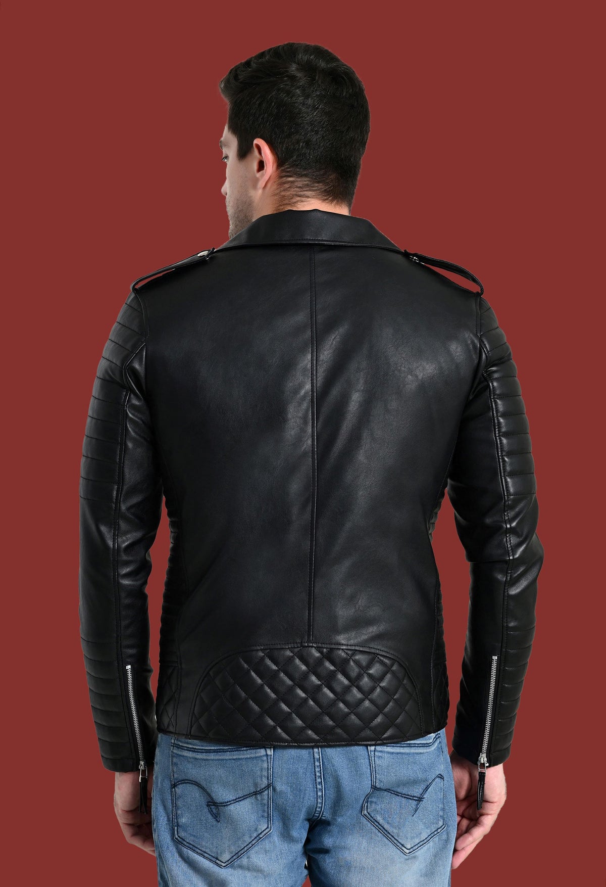 Mandarin Collar Water Resistant Lightweight Black Leather Biker Jacket for Men – view 6