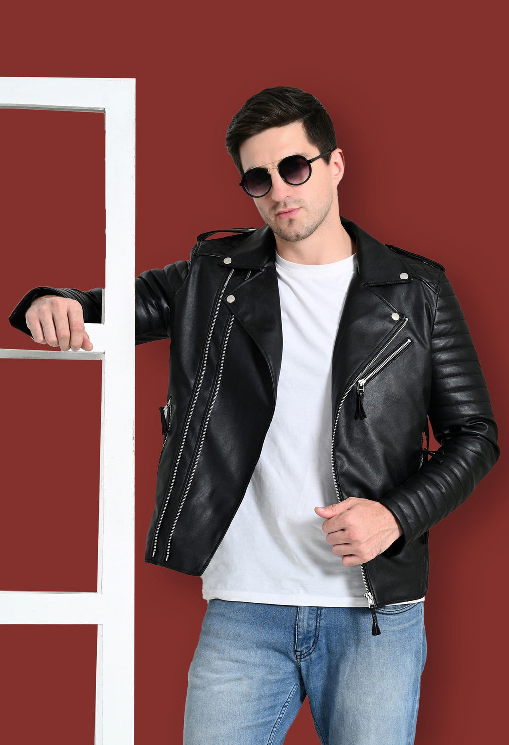 Mandarin Collar Water Resistant Lightweight Black Leather Biker Jacket for Men – view 7