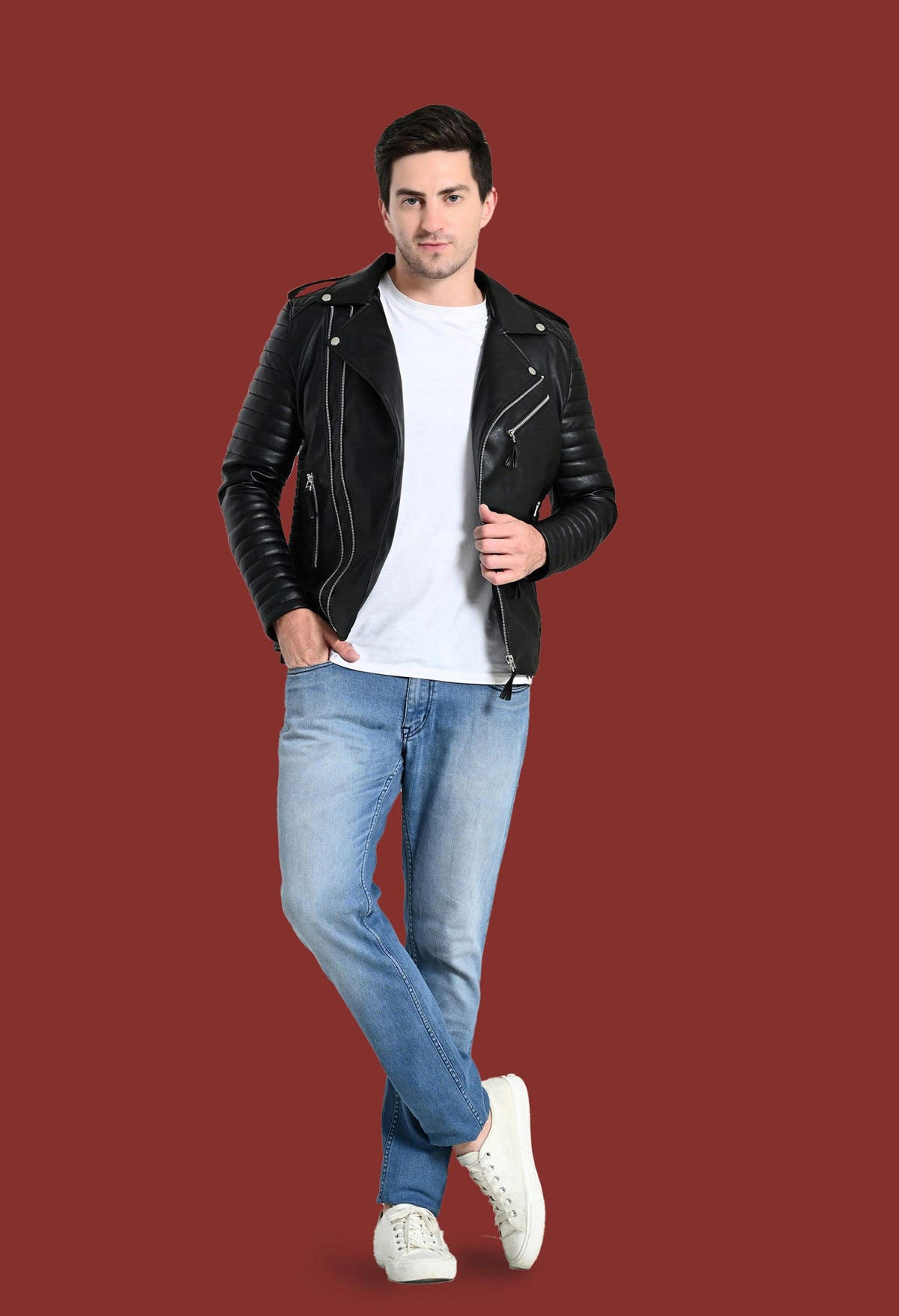 Mandarin Collar Water Resistant Lightweight Black Leather Biker Jacket for Men – view 9