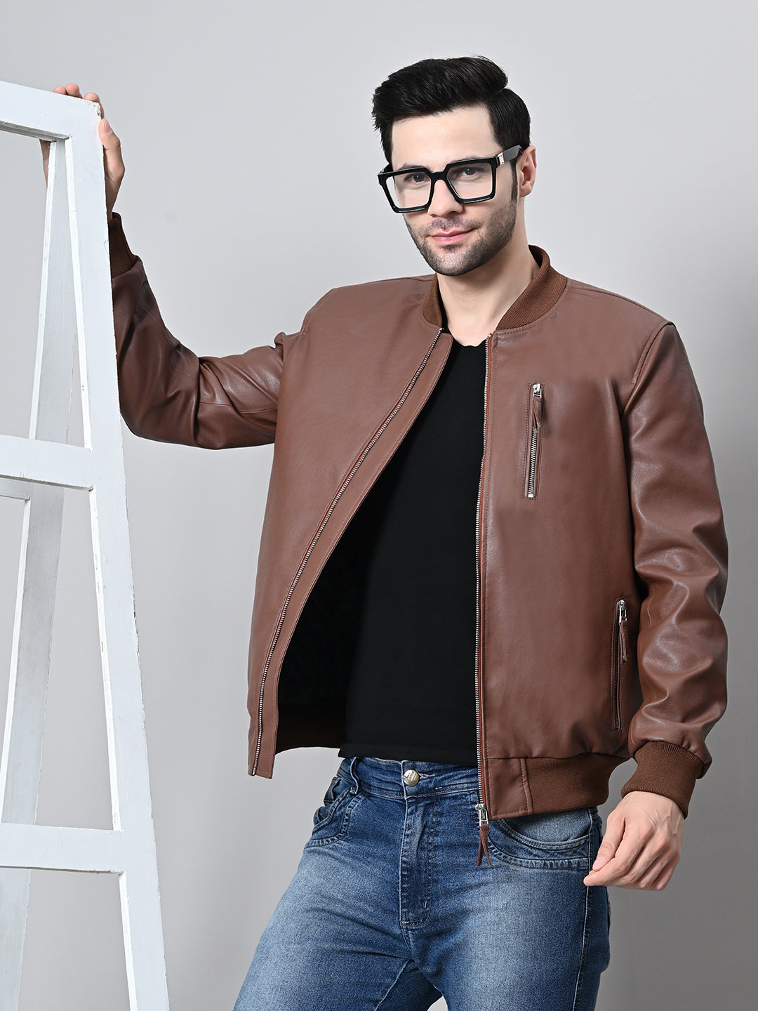 Mandarin Collar Water Resistant Lightweight Tan Leather Biker Jacket For Men – view 2