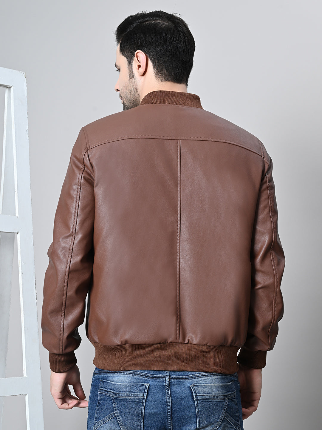 Mandarin Collar Water Resistant Lightweight Tan Leather Biker Jacket For Men – view 3