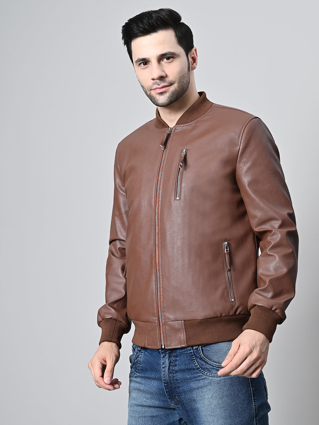 Mandarin Collar Water Resistant Lightweight Tan Leather Biker Jacket For Men – view 4