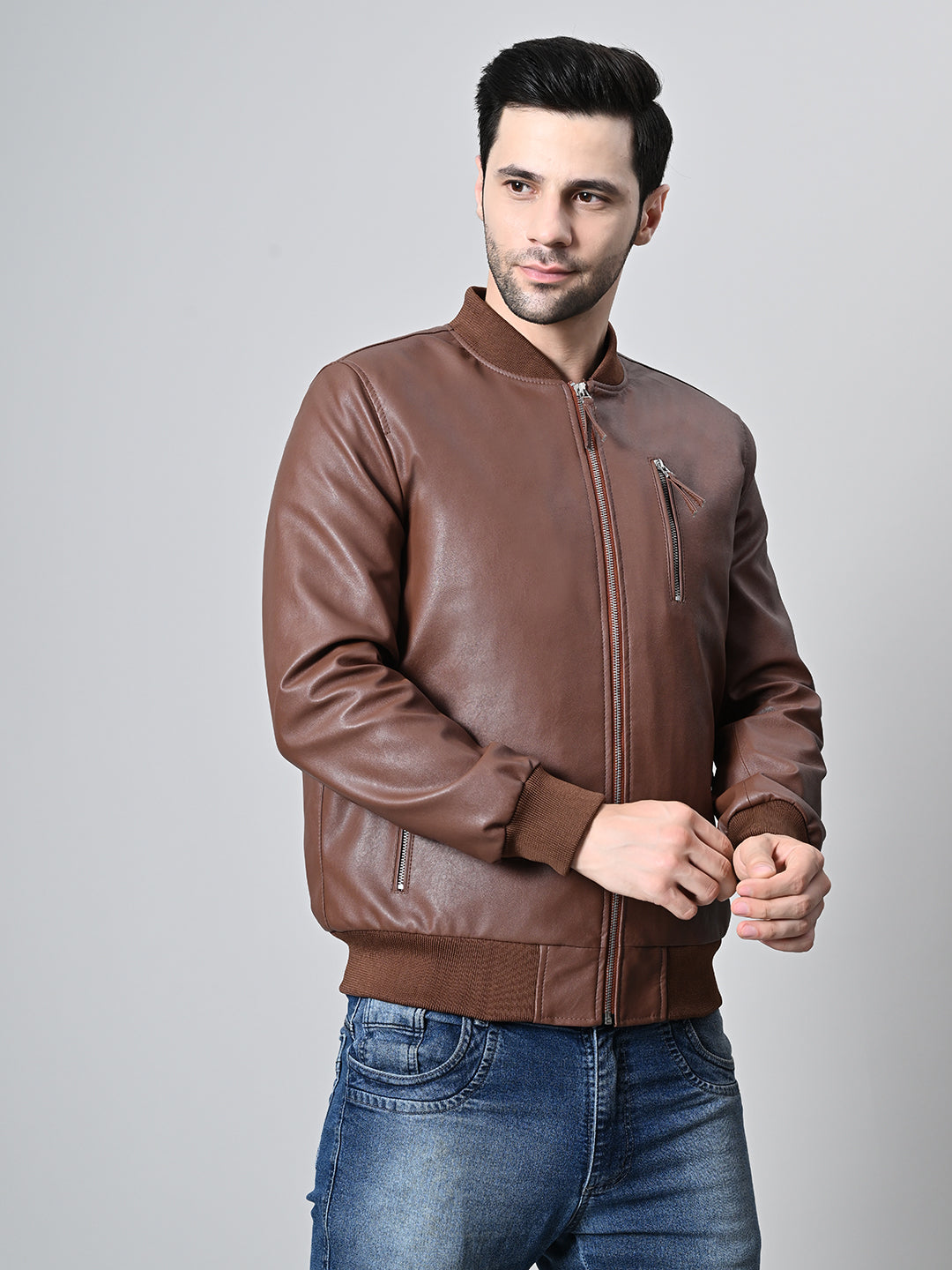 Mandarin Collar Water Resistant Lightweight Tan Leather Biker Jacket For Men – view 5