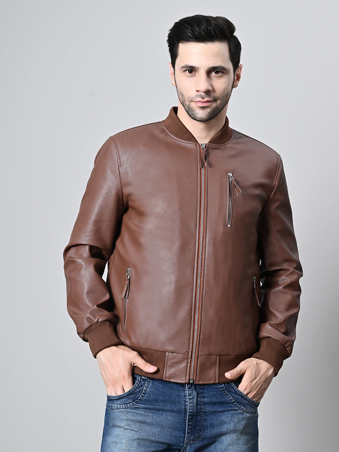 Mandarin Collar Water Resistant Lightweight Tan Leather Biker Jacket For Men