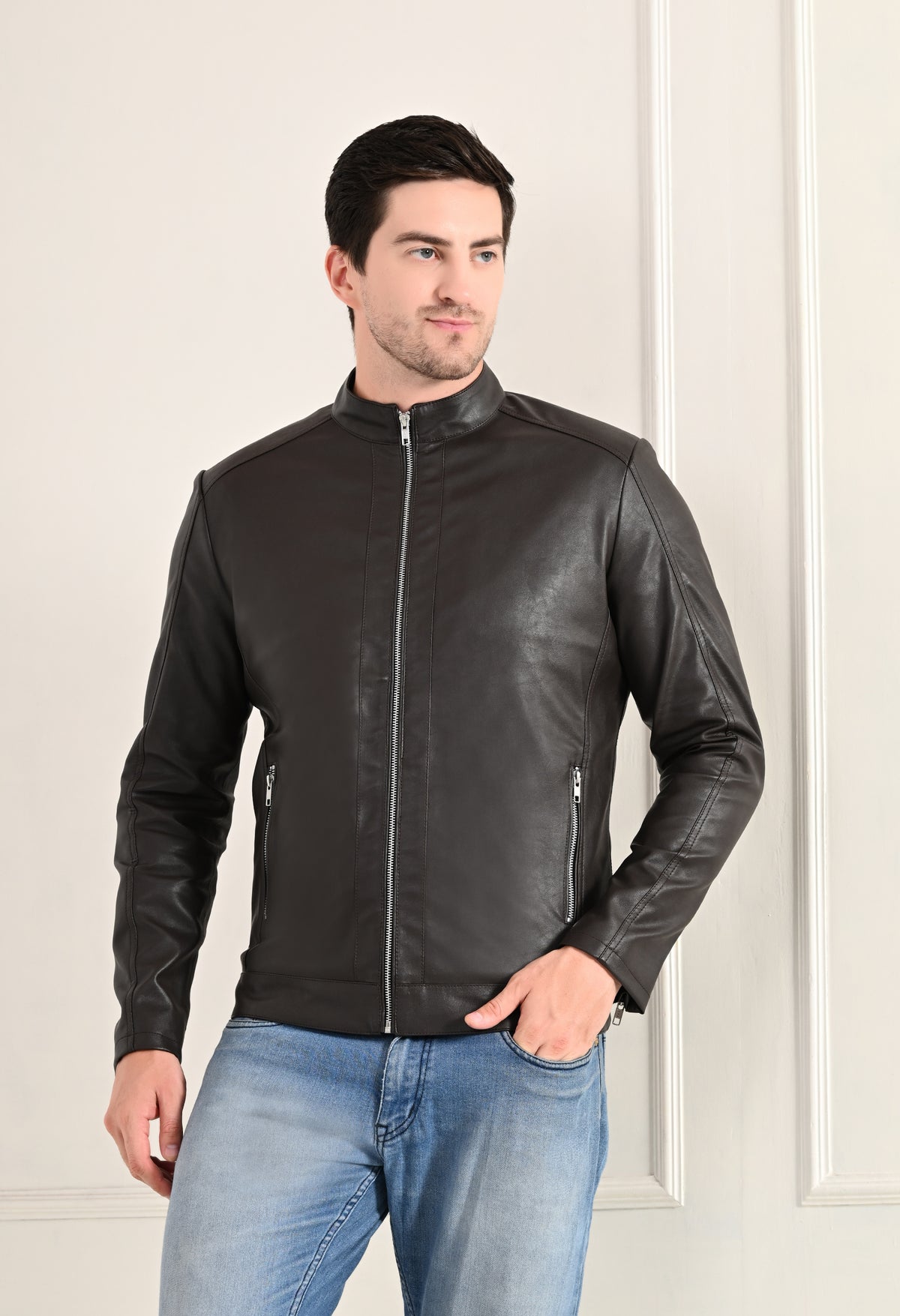 Stand Collar Long Sleeves Classic Look Lightweight Black Leather Jacket – view 2