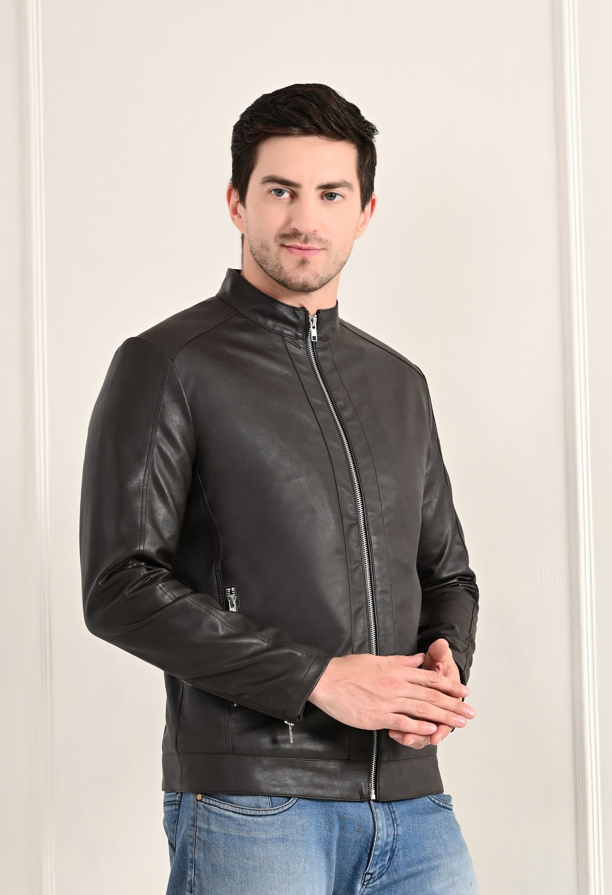 Stand Collar Long Sleeves Classic Look Lightweight Black Leather Jacket – view 3