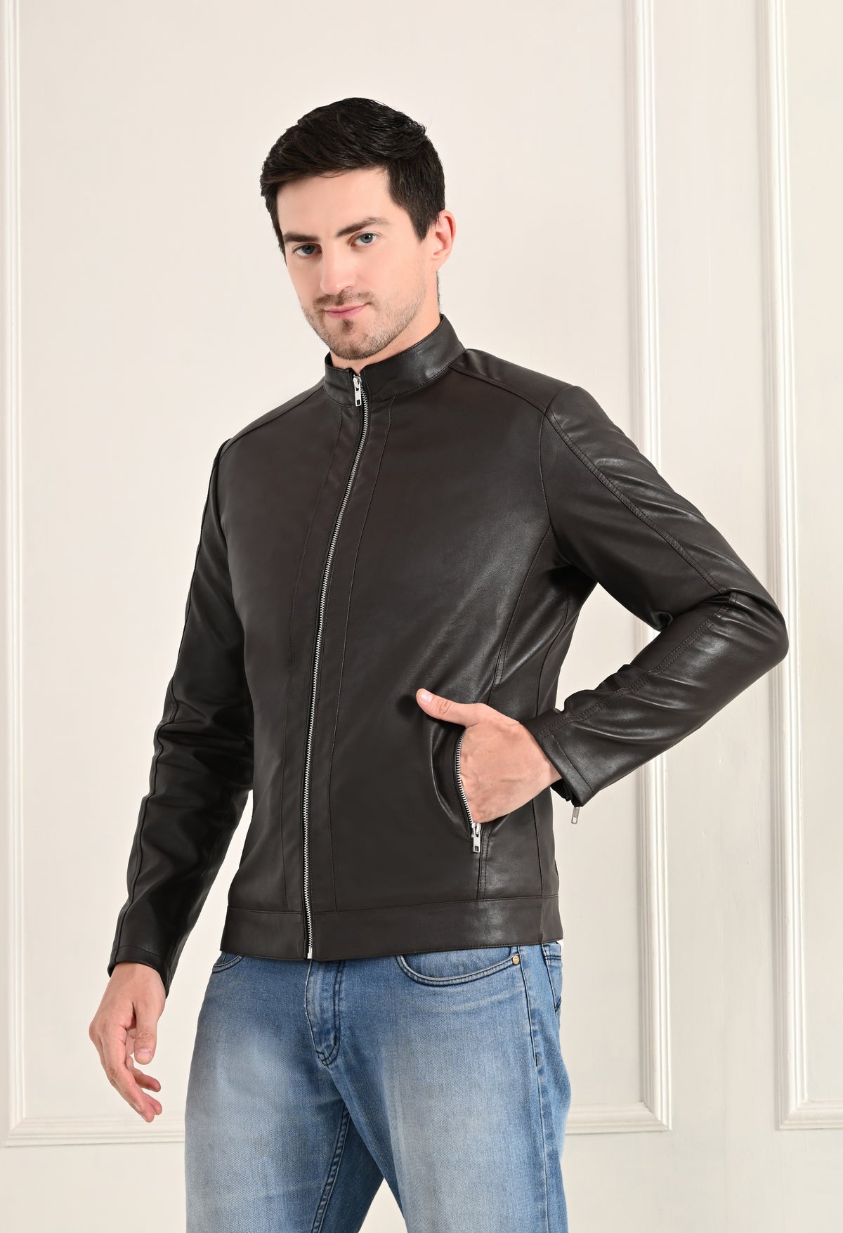 Stand Collar Long Sleeves Classic Look Lightweight Black Leather Jacket – view 4
